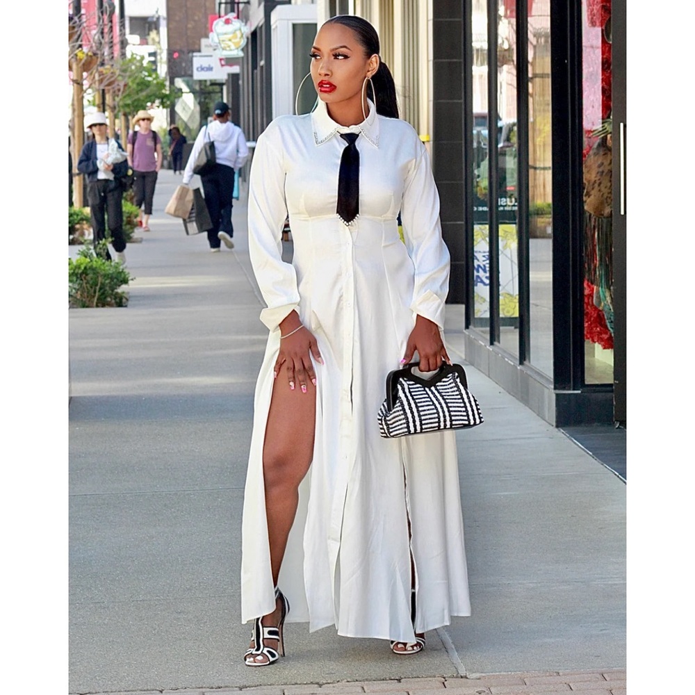 Elegant White Maxi Dress with Black Tie